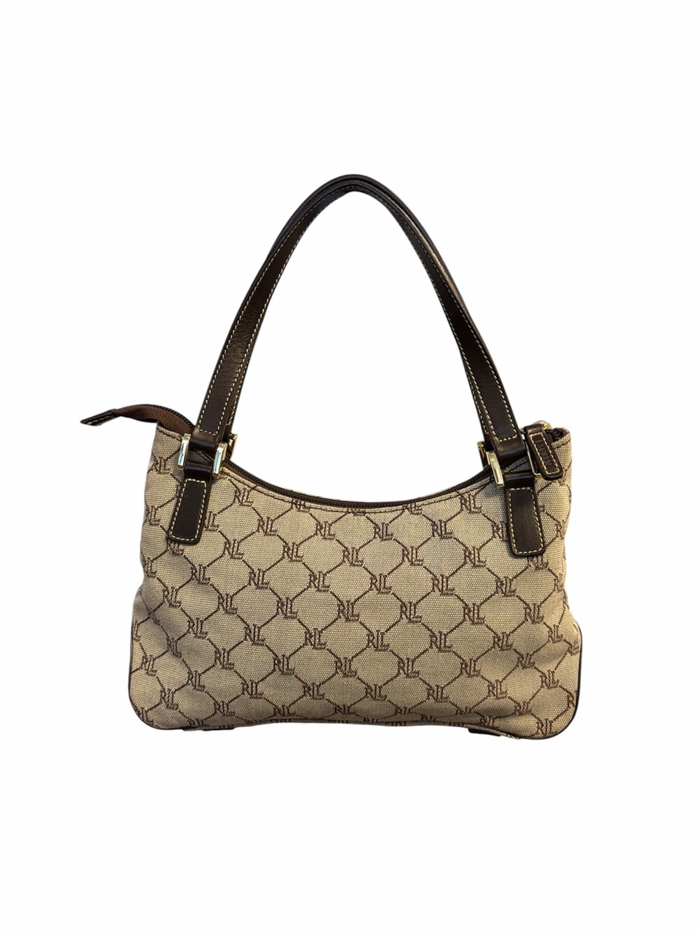 Ralph Lauren Beige Monogram Shoulder Bag with Brown Leather Trim